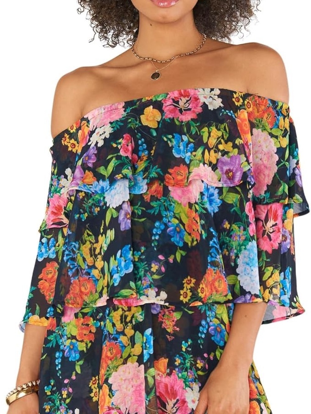 Show Me Your MuMu Black Multi Floral Off-Shoulder Romper
